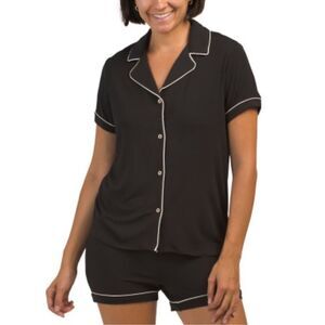 Jason Wu M-L Black White Trim 2 Pc Super Soft Notch Collar Sleep PJ Set